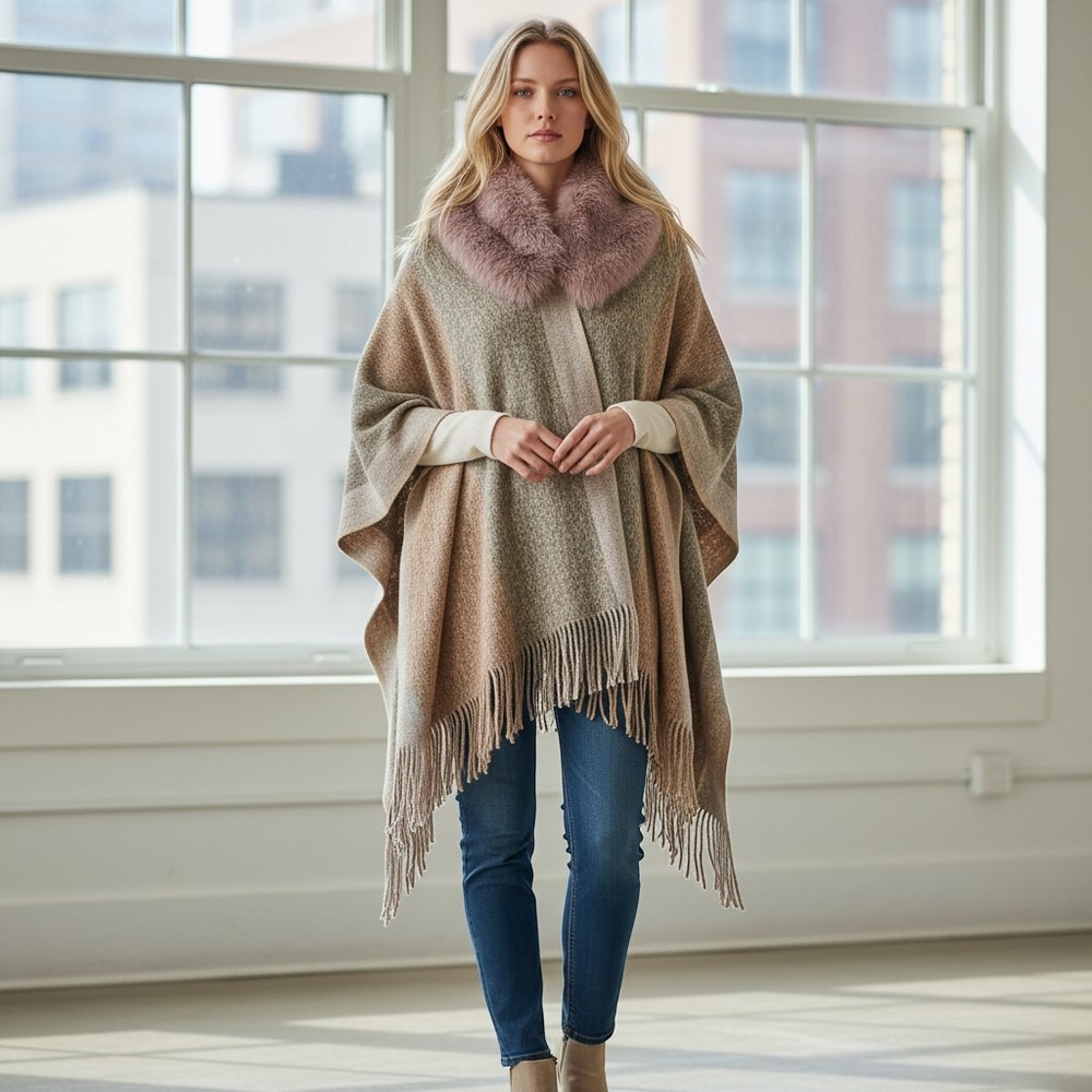 Sapphire Poncho Sweater Womens One Size Multi Colorblock Knit Faux Fur Winter